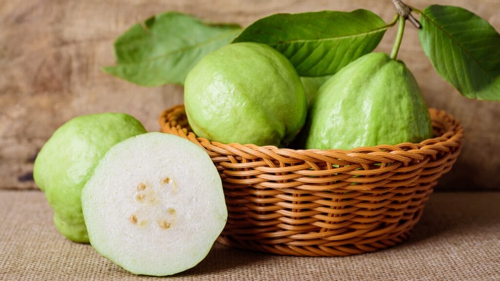Fresh guavas in a wicker basket