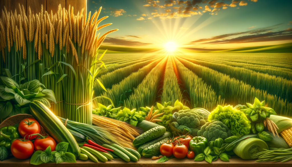 sunrise lighting healthy crops with authentic agricultural products on rich soil in foreground